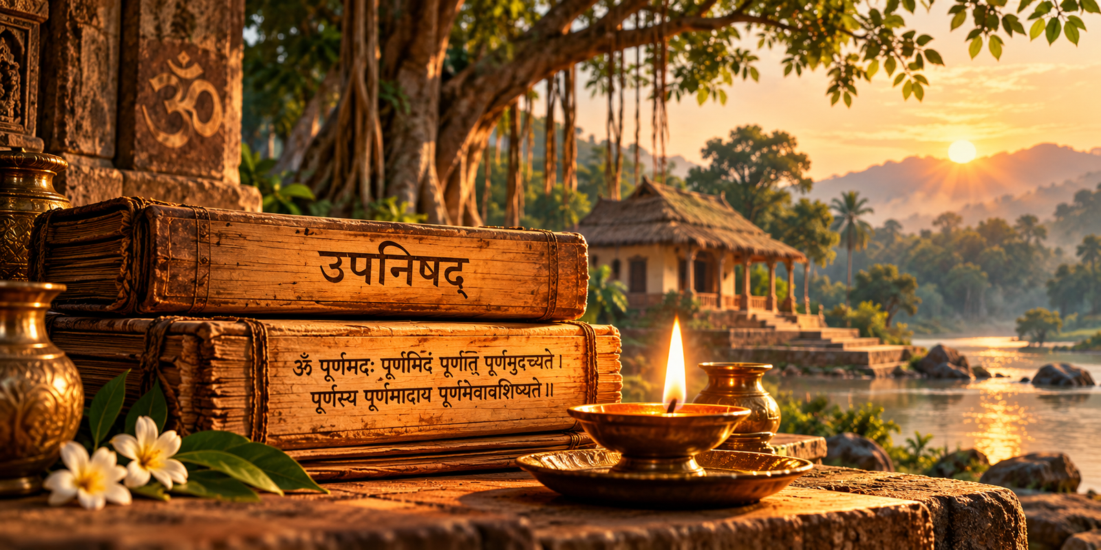 Ancient sacred manuscripts beside a traditional lamp