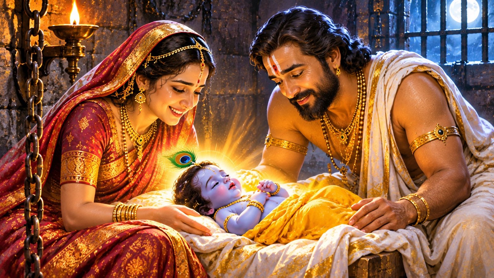 Devaki and Vasudeva gazing lovingly at the newborn Krishna in the prison cell