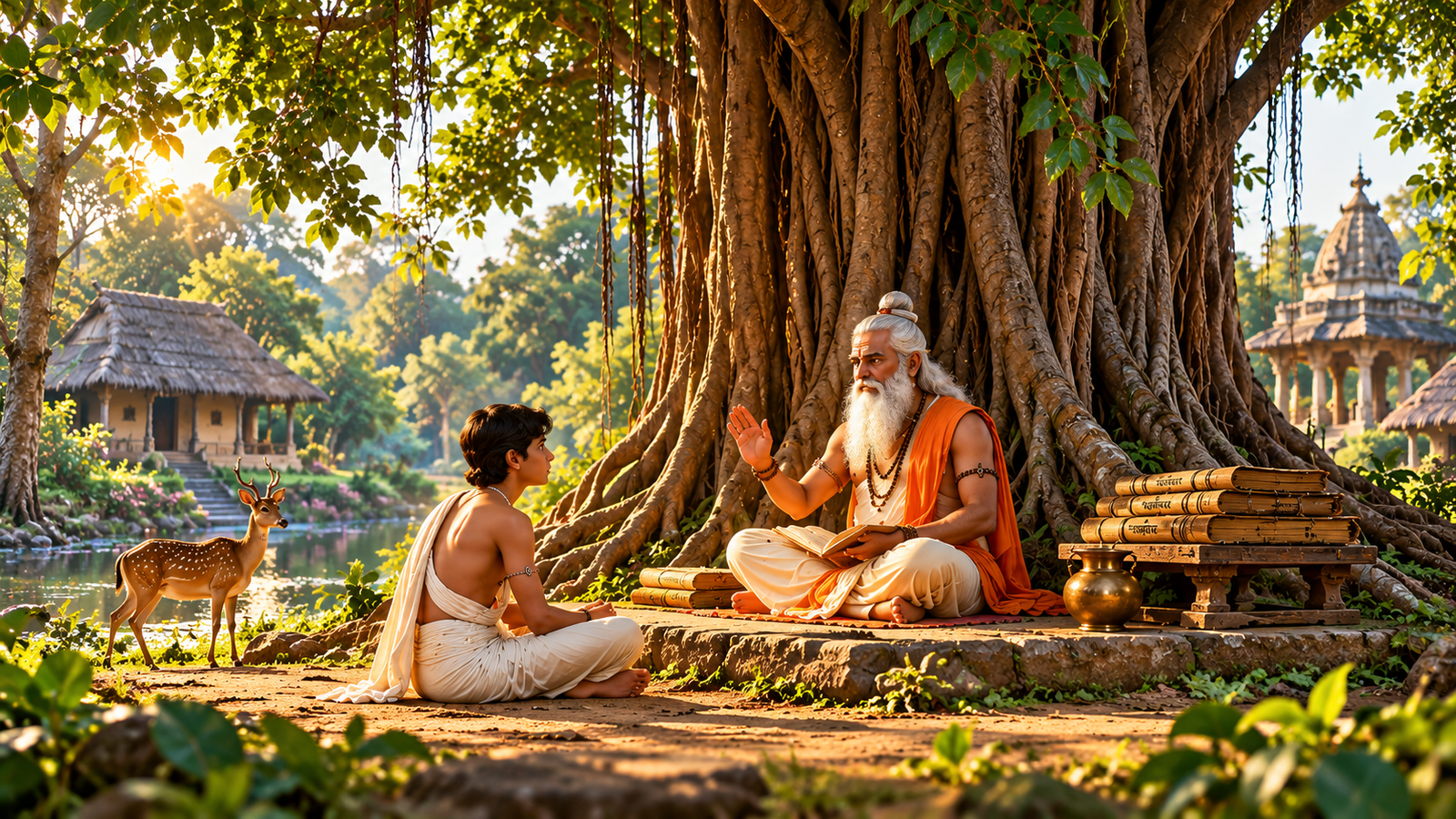 A guru teaching a student beneath a banyan tree