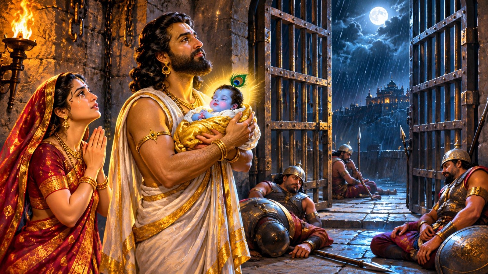 Newborn Shri Krishna in the Mathura prison, surrounded by a gentle divine glow