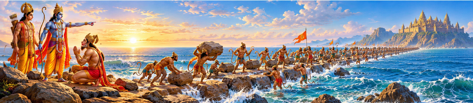 Shri Rama, Lakshmana, Hanuman and the vanara sena building the bridge across the ocean toward Lanka