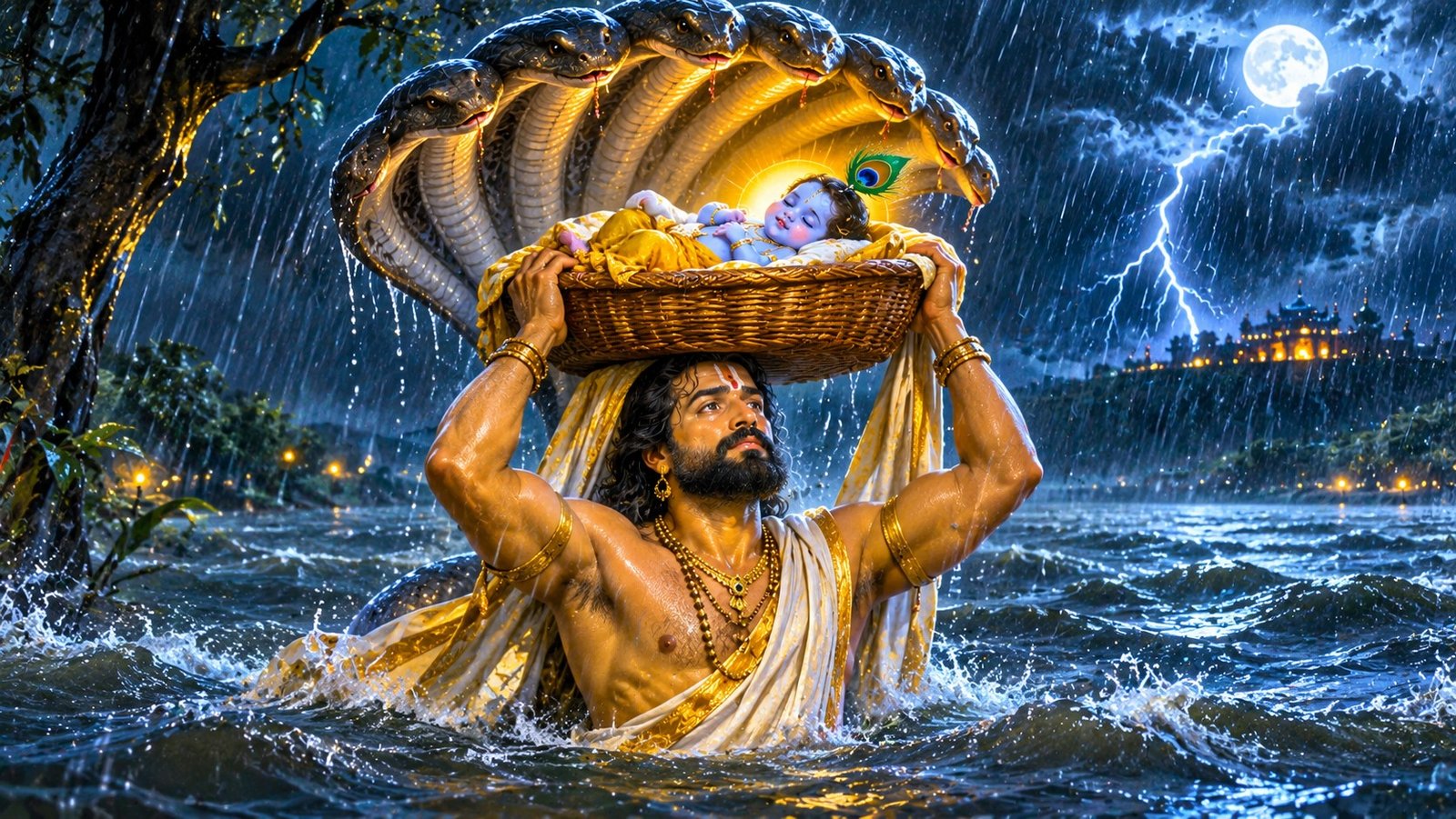 Vasudeva carries baby Krishna in a basket across the stormy Yamuna as Shesha Naga shelters the child