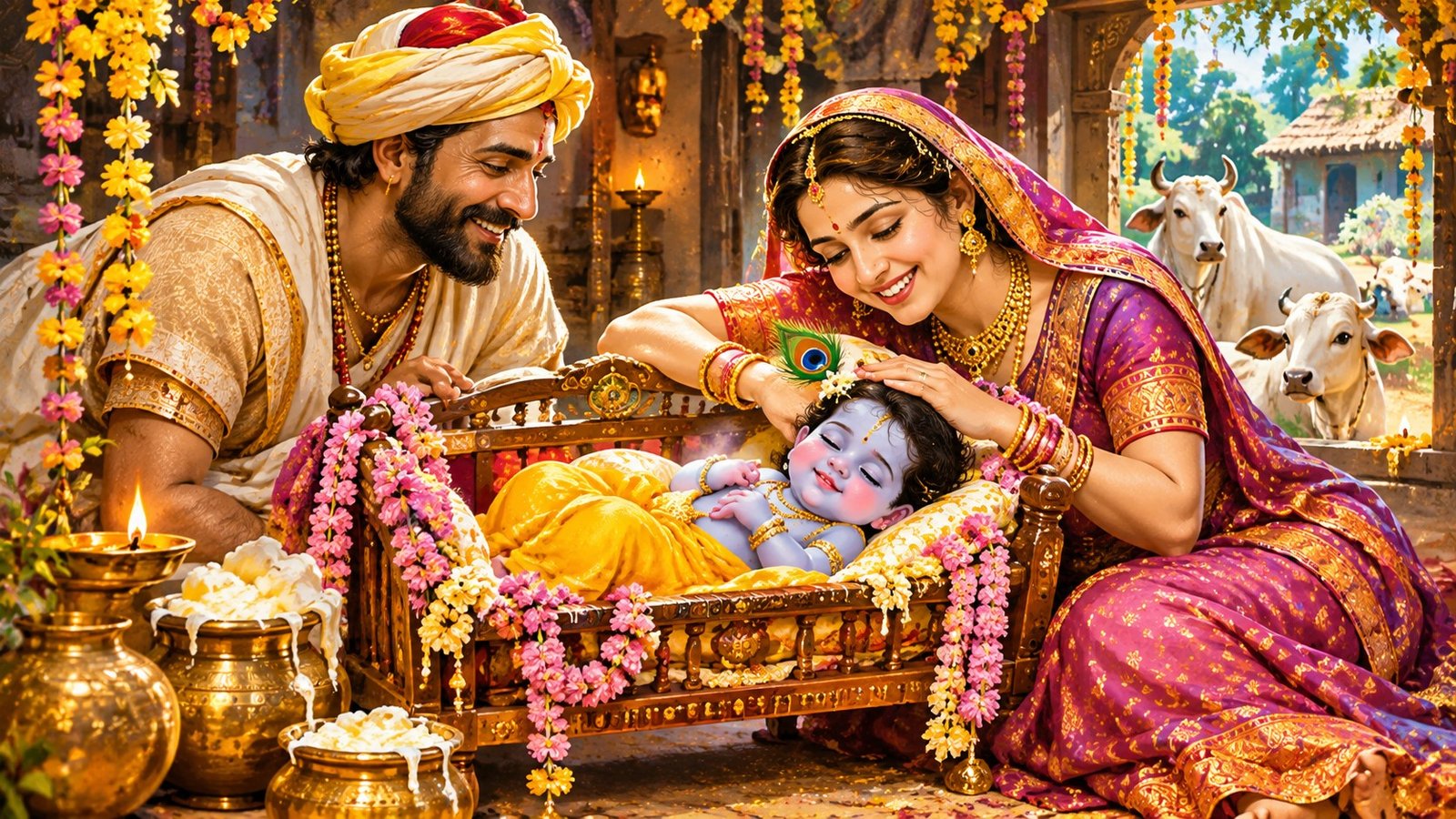Yashoda and Nanda lovingly watch baby Krishna resting in a cradle in their Gokul home