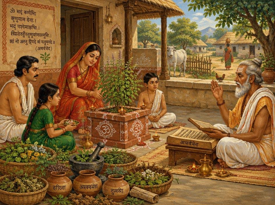 A family and elder gathered around a tulsi plant and healing herbs