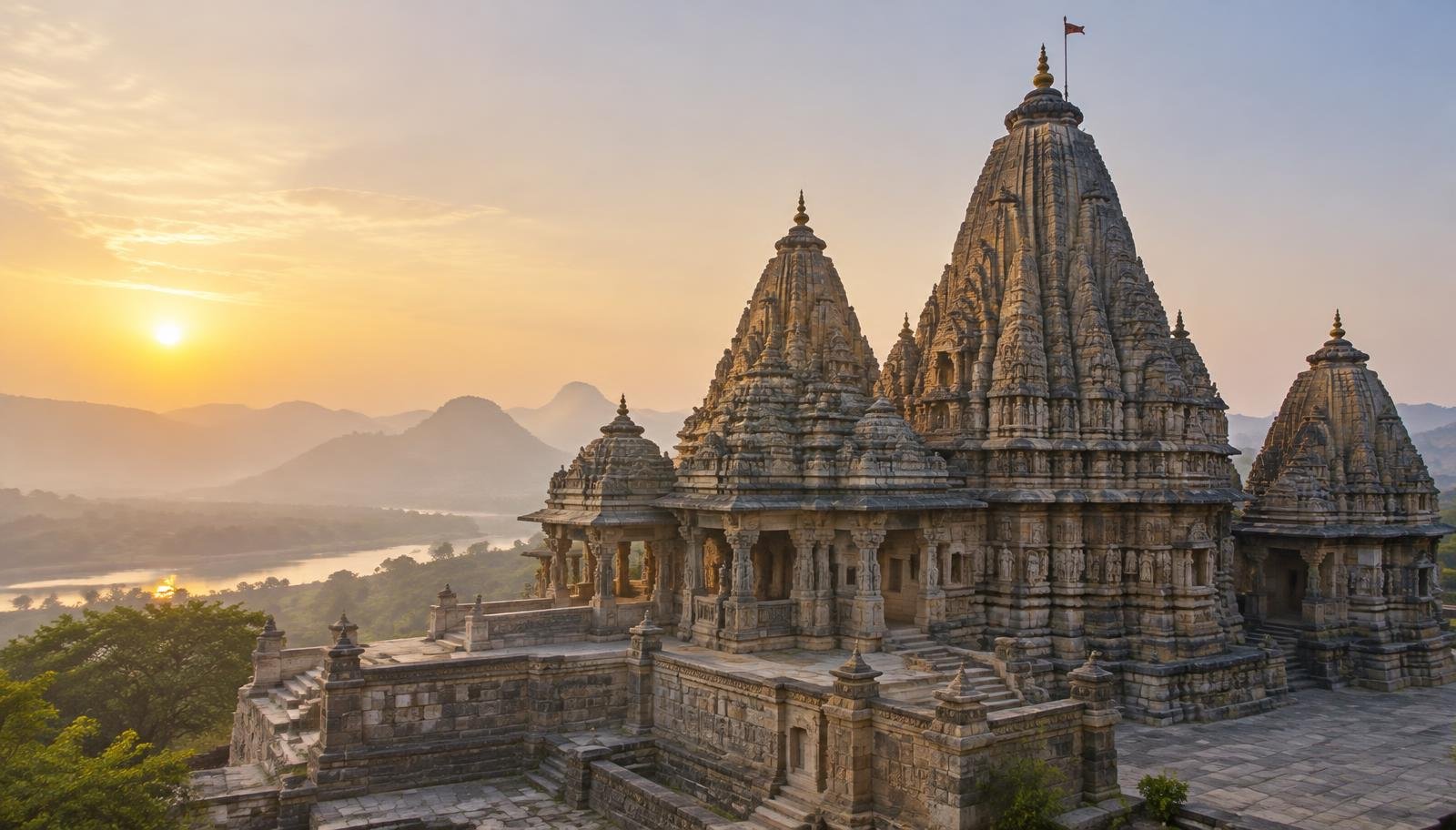 Carved Hindu temple spires in warm morning light above a misty river valley