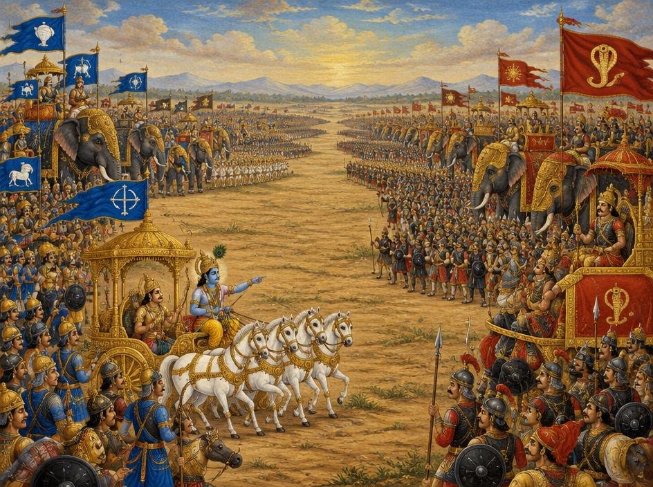 Two great armies facing each other at Kurukshetra