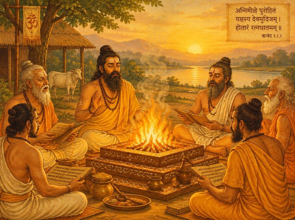 Vedic sages chanting hymns around a sacred fire