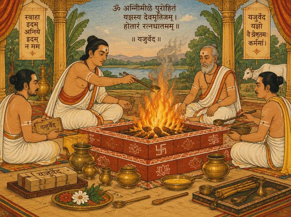 Priests making offerings at a Vedic fire altar