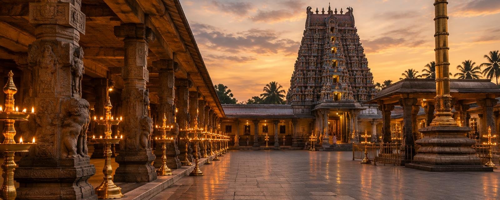 A temple courtyard at dusk lined with glowing brass lamps and a carved gopuram