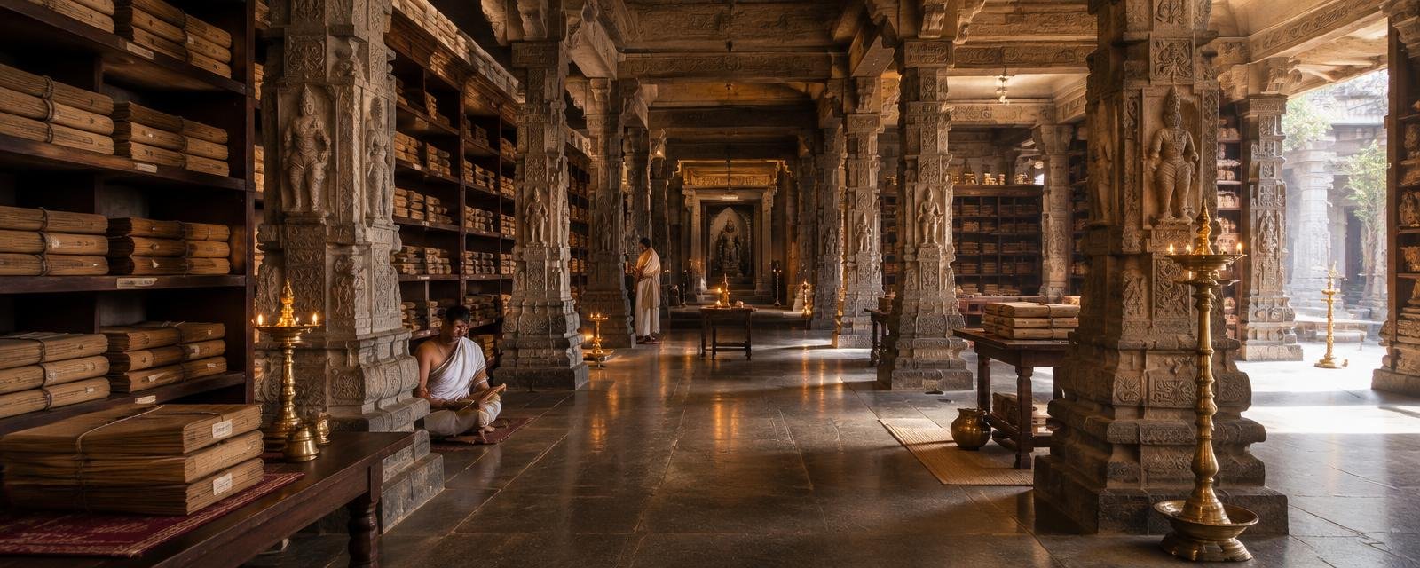 An ancient temple library hall with carved pillars, palm-leaf manuscripts and brass lamps