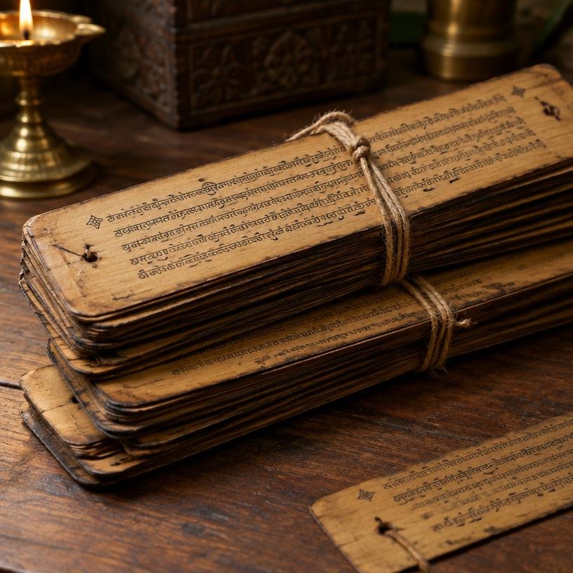 Ancient palm-leaf manuscripts tied with string