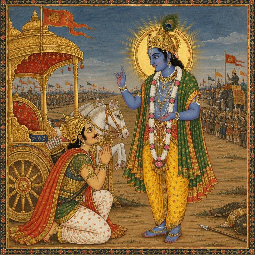 Shri Krishna teaching Arjuna on the battlefield