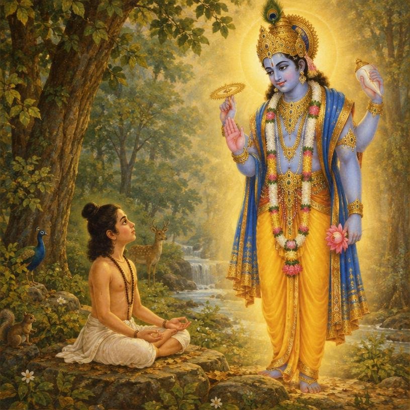 Young Dhruva meditating as Lord Vishnu appears