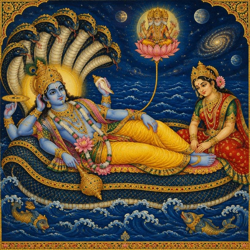 Vishnu reclining on the serpent Shesha with Lakshmi