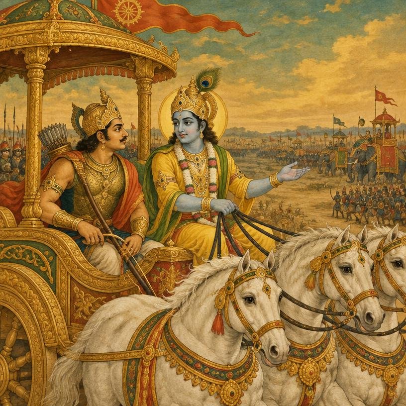 Krishna as charioteer guiding Arjuna at Kurukshetra