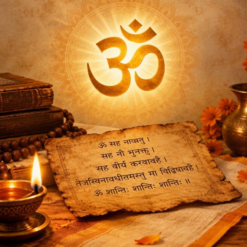 Golden Om symbol above Sanskrit script