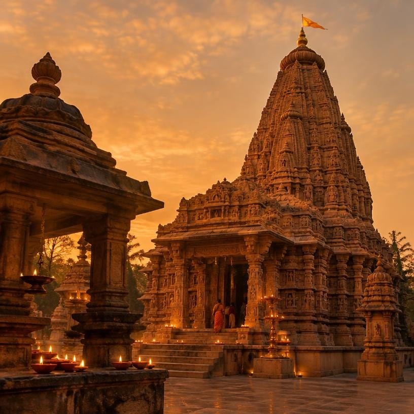 Carved sandstone Hindu temple at sunset