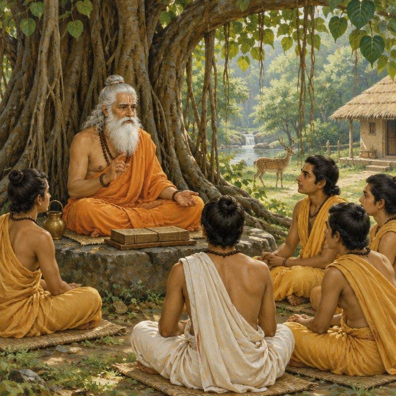 A sage teaching disciples beneath a banyan tree
