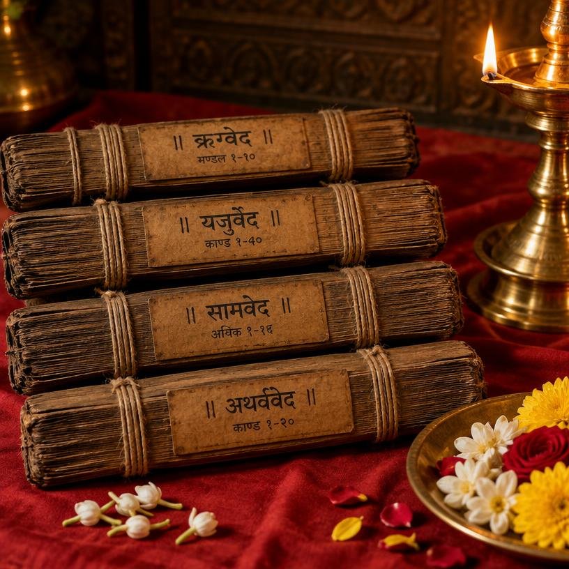Four Vedic manuscript bundles beside a brass lamp
