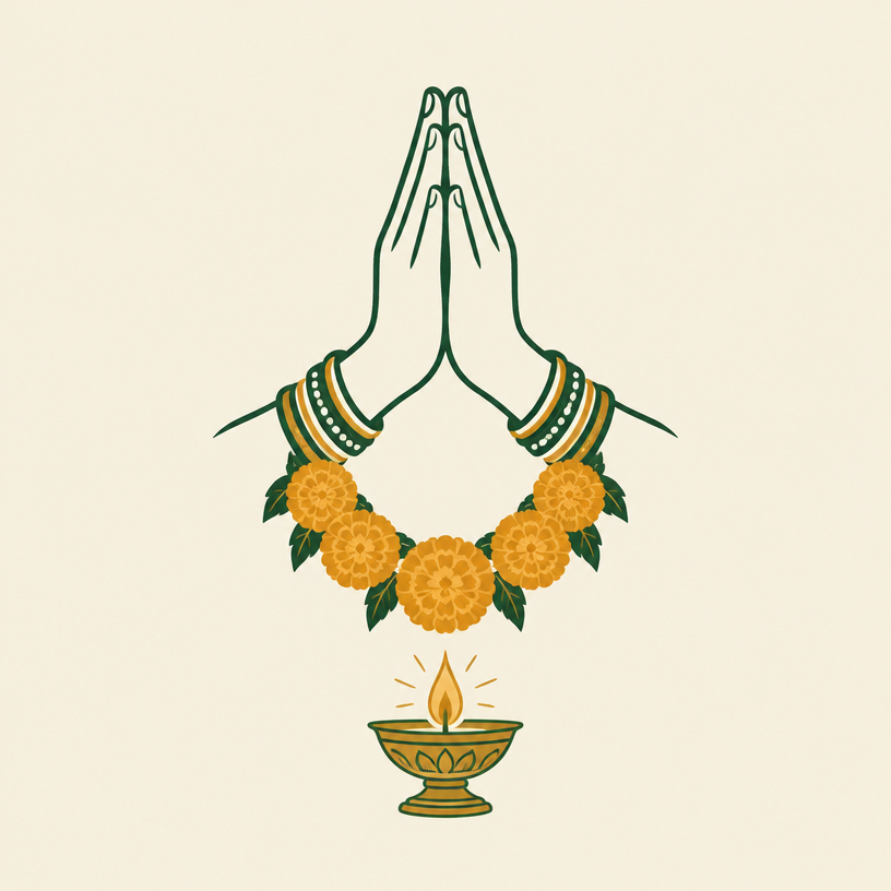 Illustration of folded hands in devotion above a garland and oil lamp, representing Bhakti Yoga