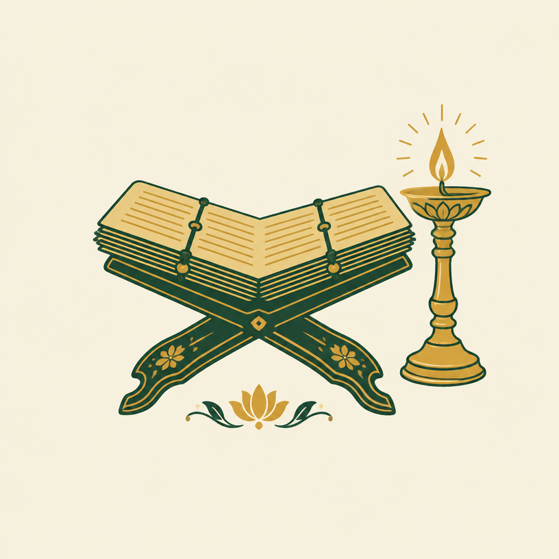 Illustration of an open scripture beside a lit oil lamp, representing Jnana Yoga