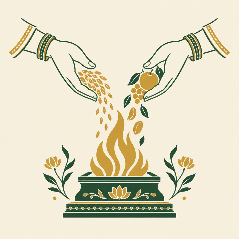 Illustration of hands making a ritual offering, representing Karma Yoga