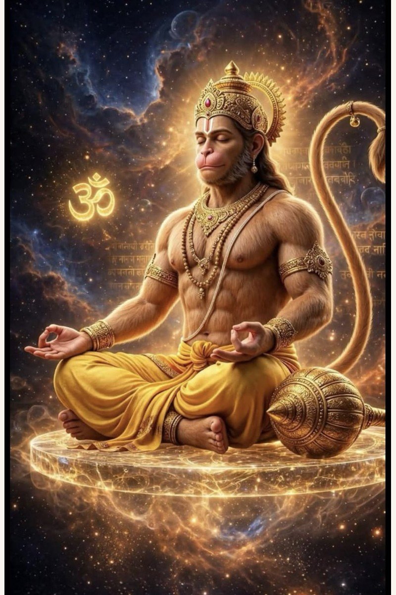 Shri Hanuman meditating beside the sacred Om symbol