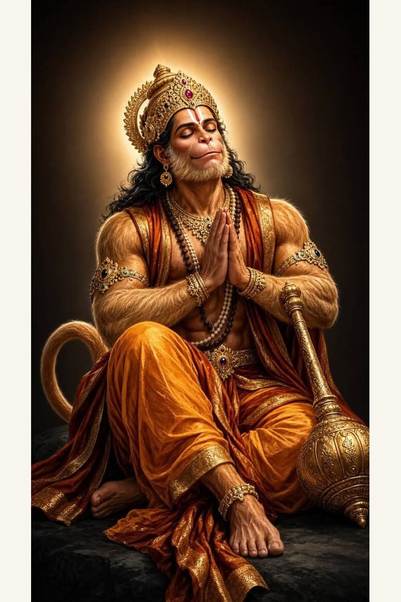 Shri Hanuman seated in prayer with folded hands