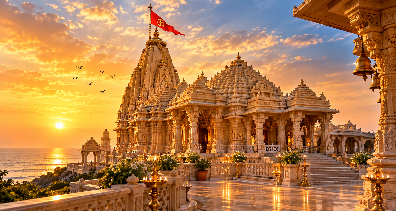 An Indian temple illuminated by golden sunrise