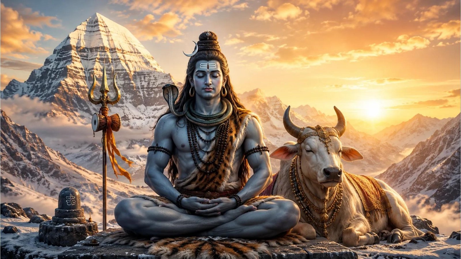Lord Shiva meditating in the Himalayas beside a Shiva lingam