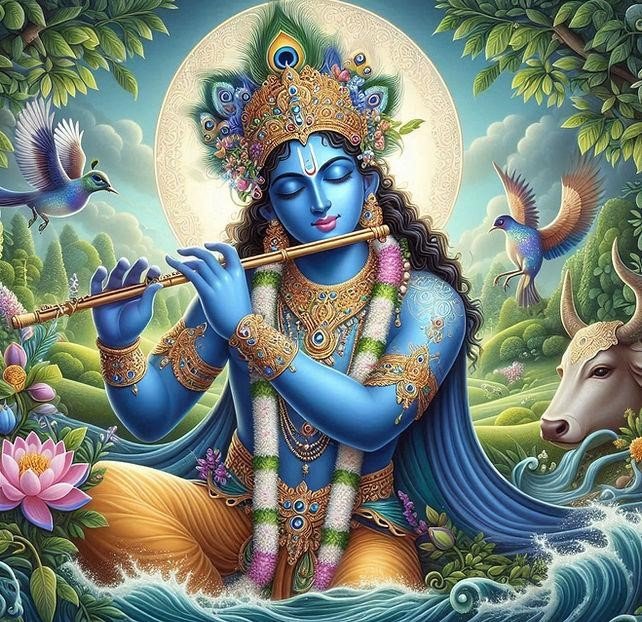 Lord Krishna in a devotional setting with peacock feather and flute