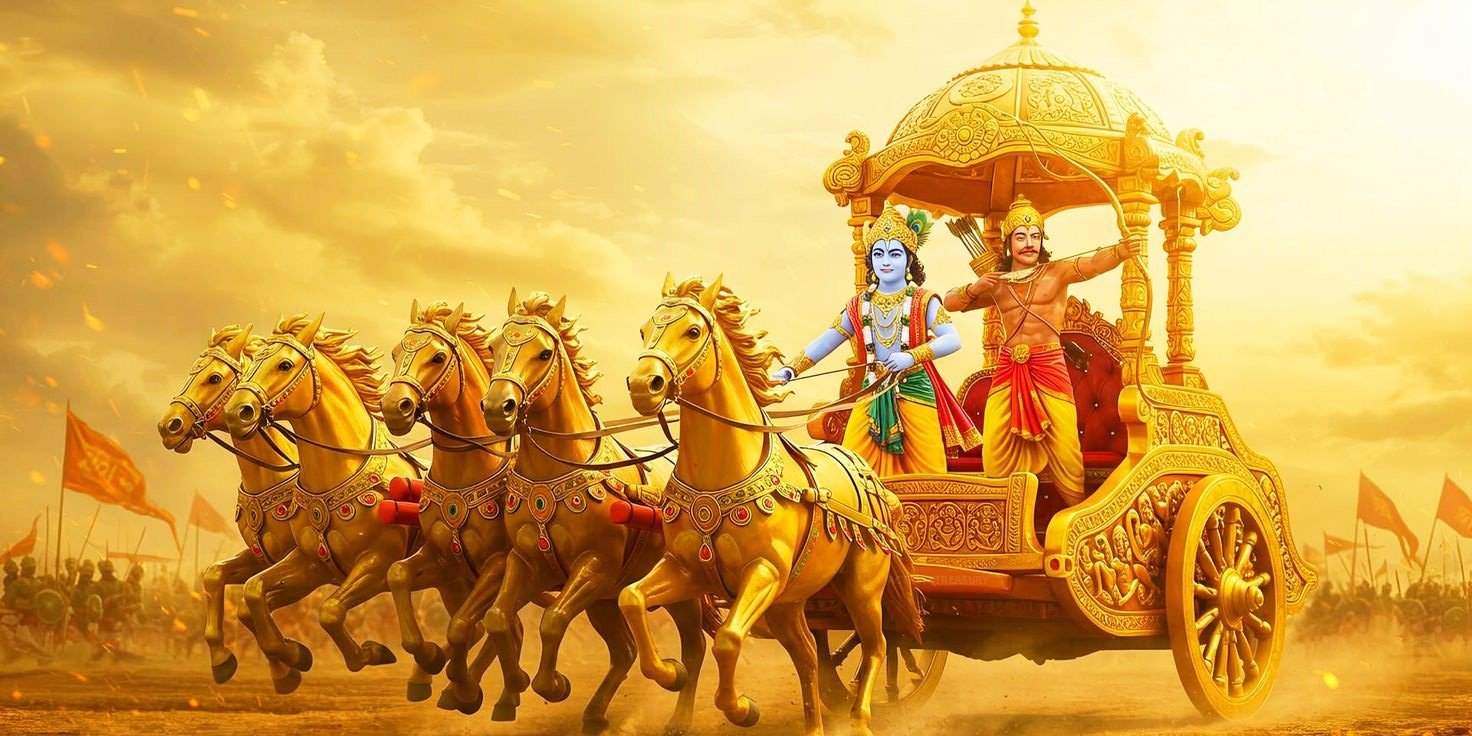 The Srimad Bhagavad Gita: Bhagavan Shri Krishna shares spiritual wisdom with Arjuna on the battlefield of Kurukshetra