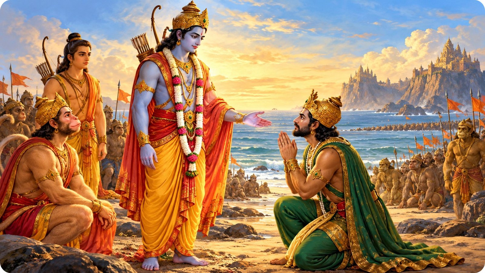 Lord Rama compassionately welcoming Vibhishana, who kneels with folded hands seeking refuge, as Lakshmana and the vanara army look on